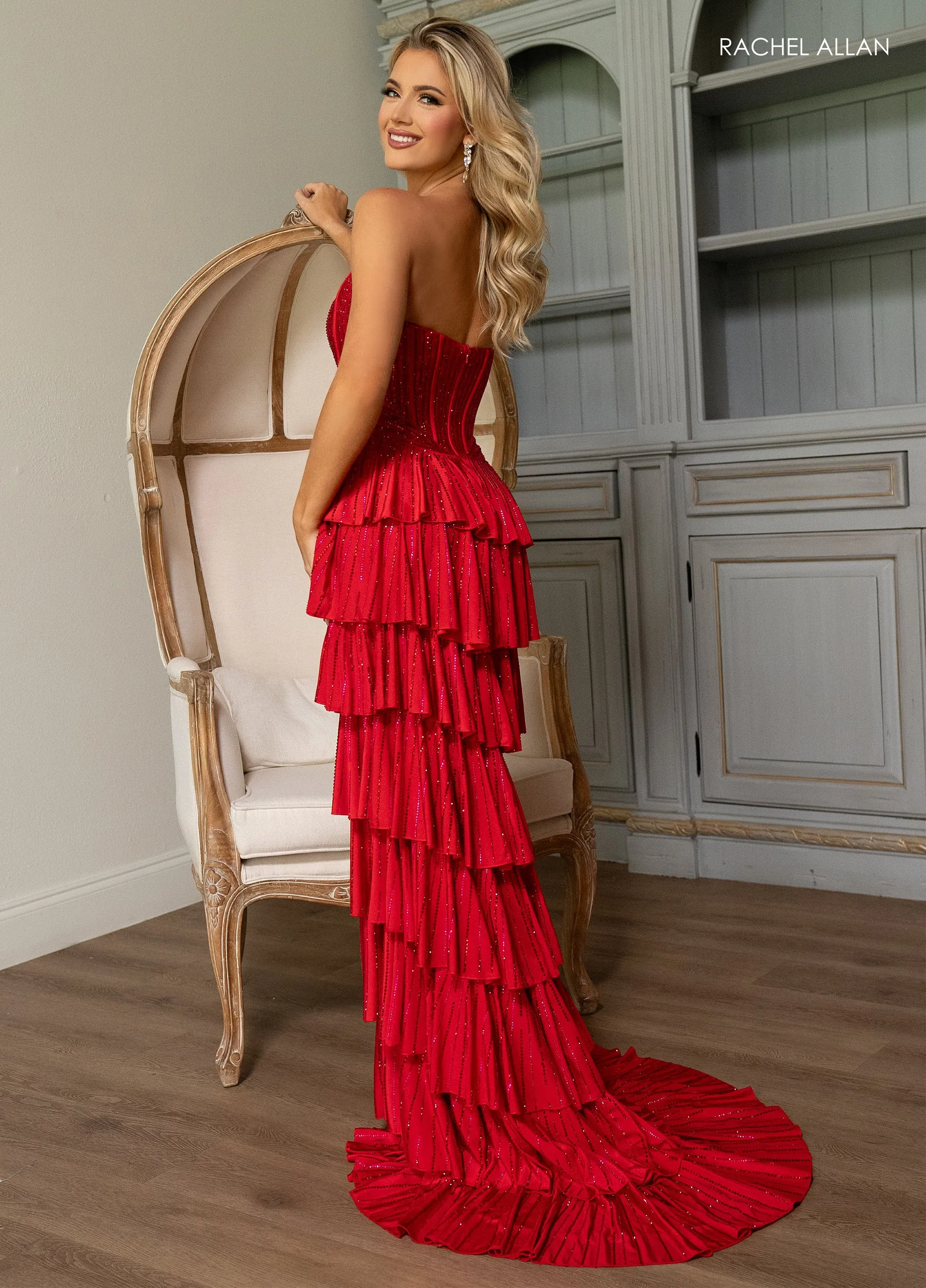 Strapless Tiered Slit Gown by Rachel Allan 70823