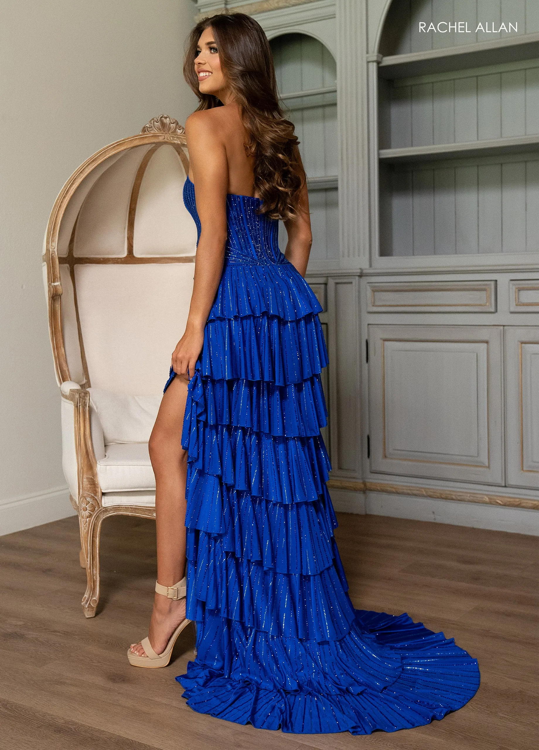 Strapless Tiered Slit Gown by Rachel Allan 70823