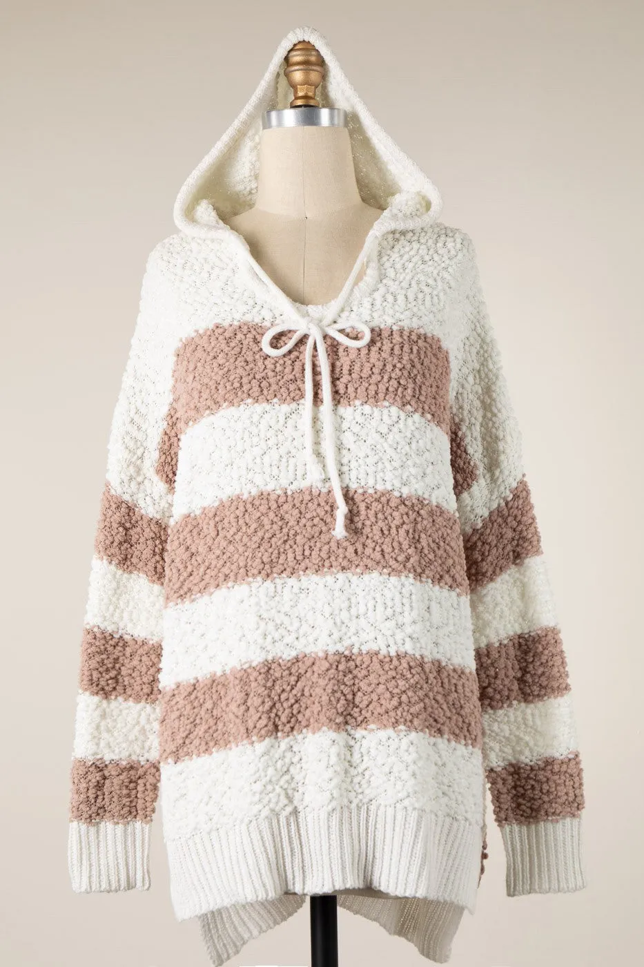 STRIPED POPCORN KNIT HOODIE SWEATER 1 PACK