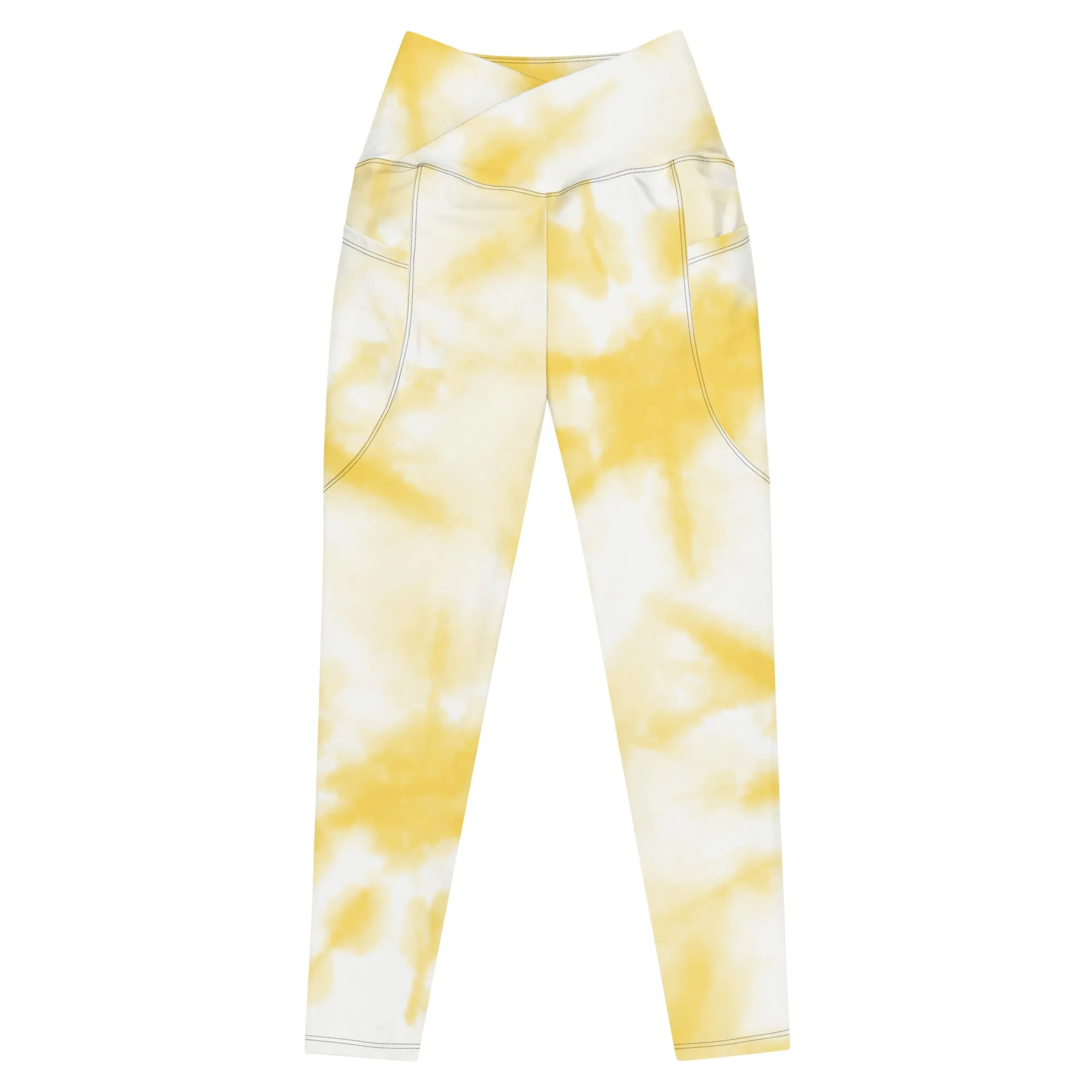 Style Meets Practicality: Sun Yellow Tie-Dyed Crossover Leggings with Pockets