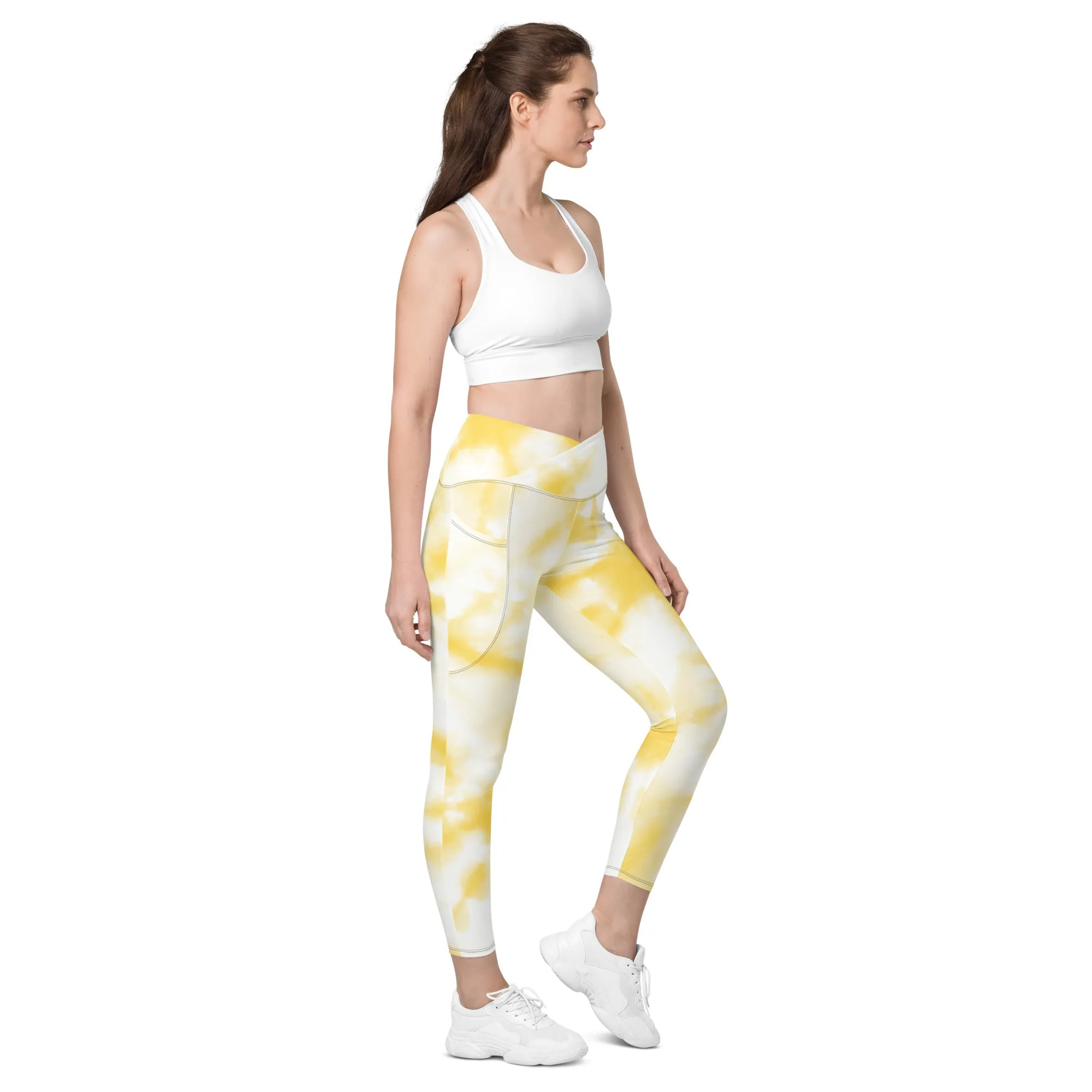 Style Meets Practicality: Sun Yellow Tie-Dyed Crossover Leggings with Pockets