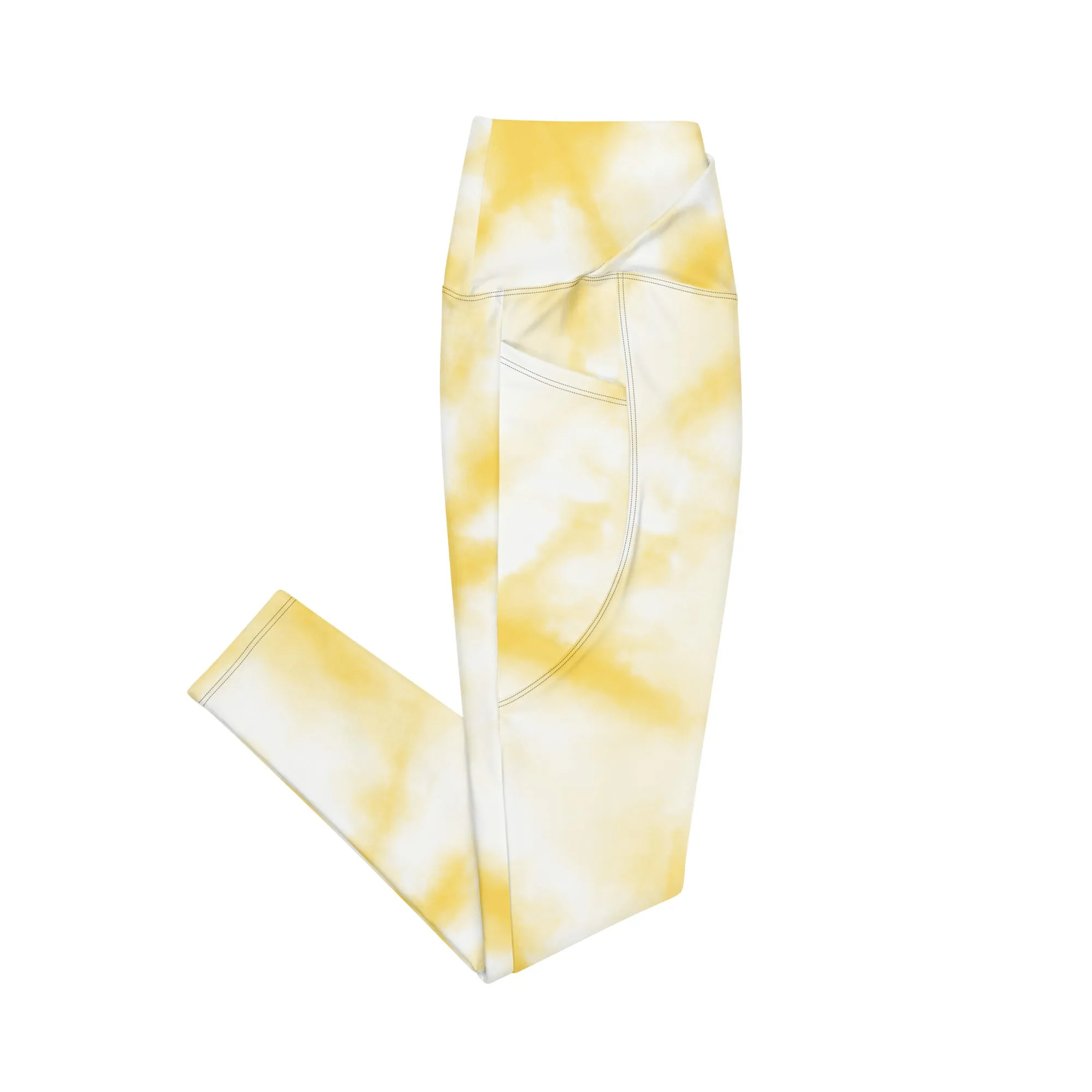 Style Meets Practicality: Sun Yellow Tie-Dyed Crossover Leggings with Pockets