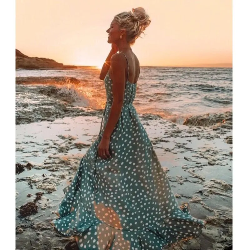 Sweet Polka Dot Print High-Low Hem Maxi Dress