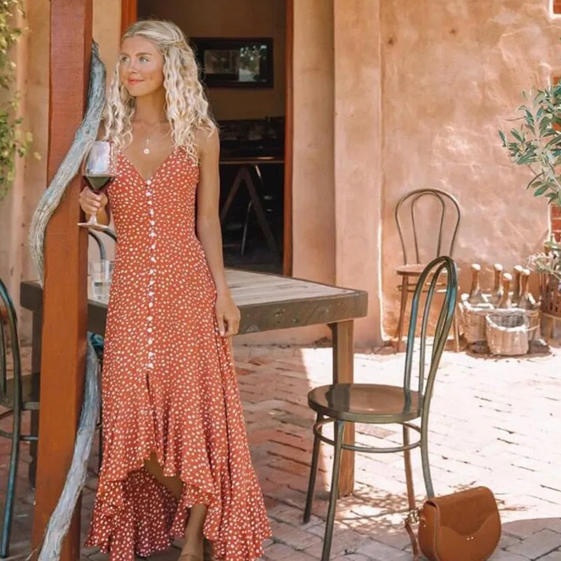 Sweet Polka Dot Print High-Low Hem Maxi Dress