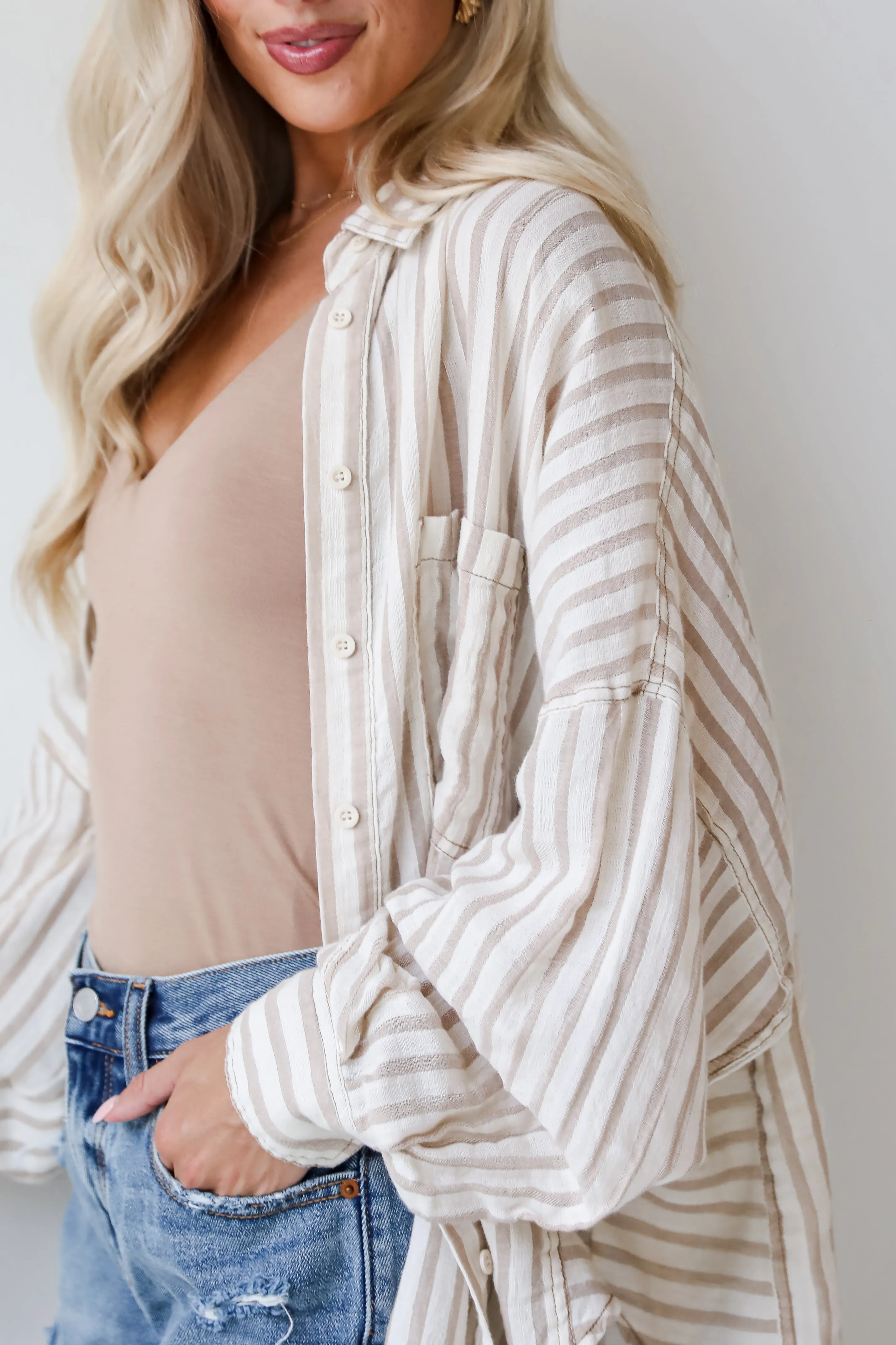 Tailored Poise Natural Striped Button-Up Blouse