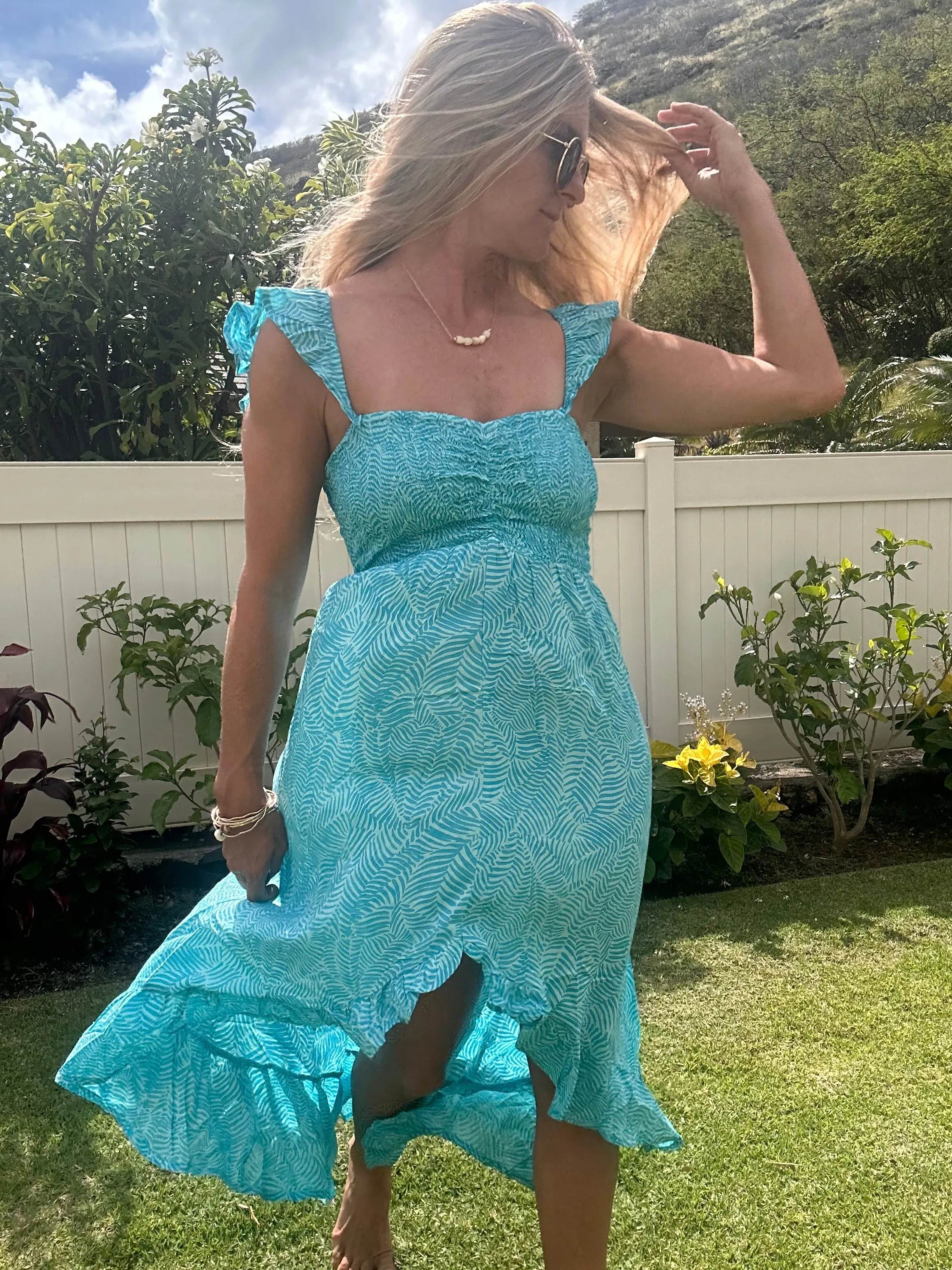 TIARE Brooklyn maxi dress-Geo Palms Teal