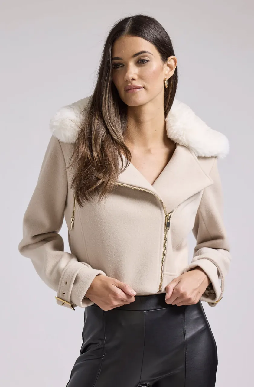 Tivoli Faux Fur Wool Combo Moto - White / Biscuit