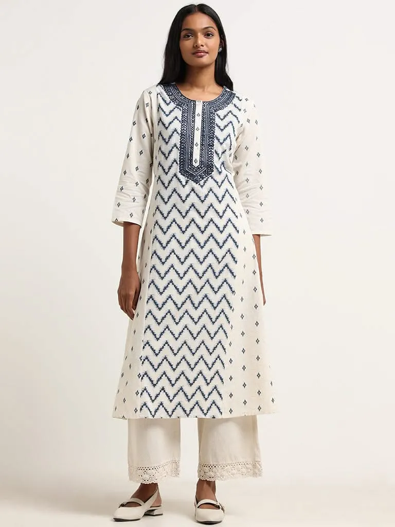 Utsa Indigo Mirror Embroidered Blended Linen Kurta