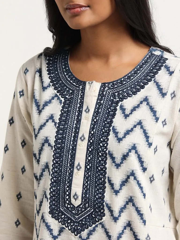 Utsa Indigo Mirror Embroidered Blended Linen Kurta