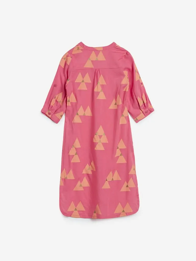 Utsa Kids Pink Triangle Print High-Low Kurta