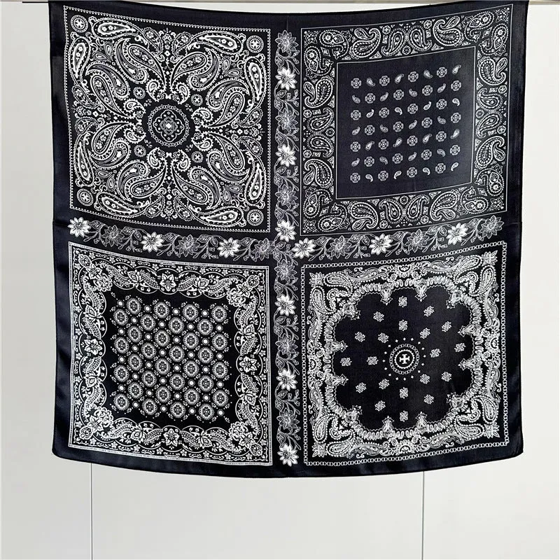 Vintage Black and White Paisley 100% Mulberry Silk Scarf - 65CM Square Shawl, Elegant Gift for Her