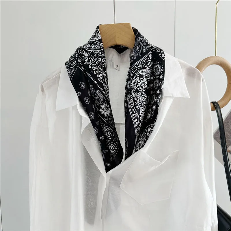 Vintage Black and White Paisley 100% Mulberry Silk Scarf - 65CM Square Shawl, Elegant Gift for Her