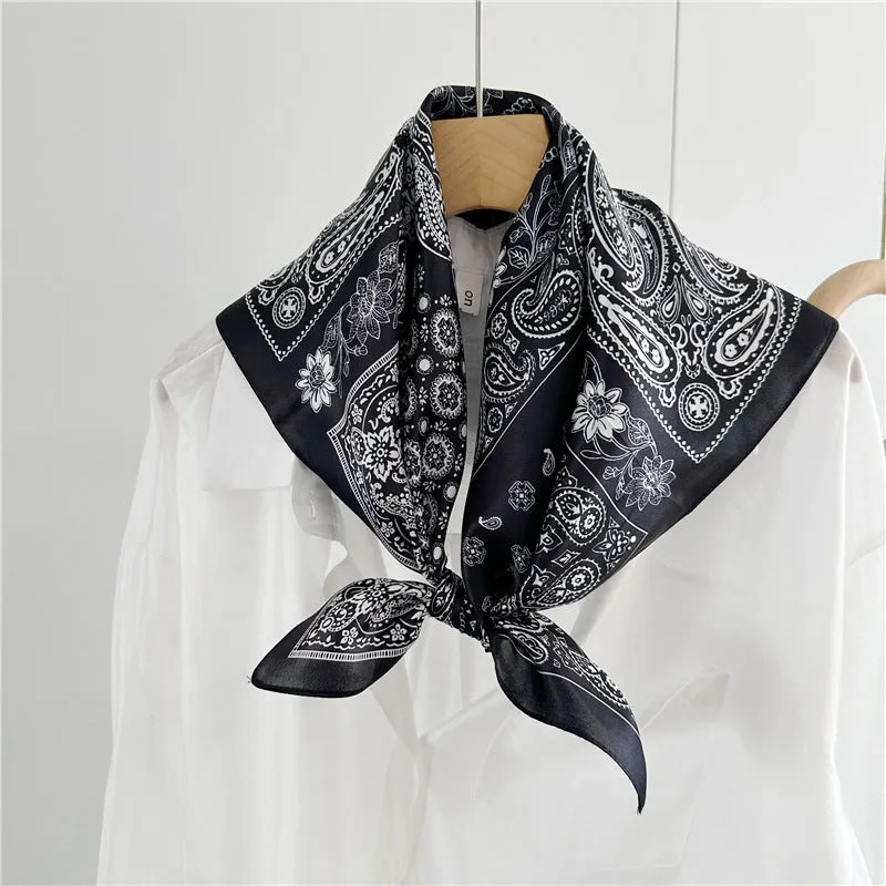 Vintage Black and White Paisley 100% Mulberry Silk Scarf - 65CM Square Shawl, Elegant Gift for Her