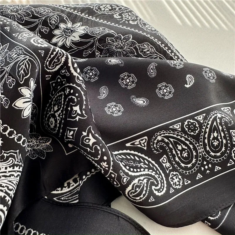 Vintage Black and White Paisley 100% Mulberry Silk Scarf - 65CM Square Shawl, Elegant Gift for Her