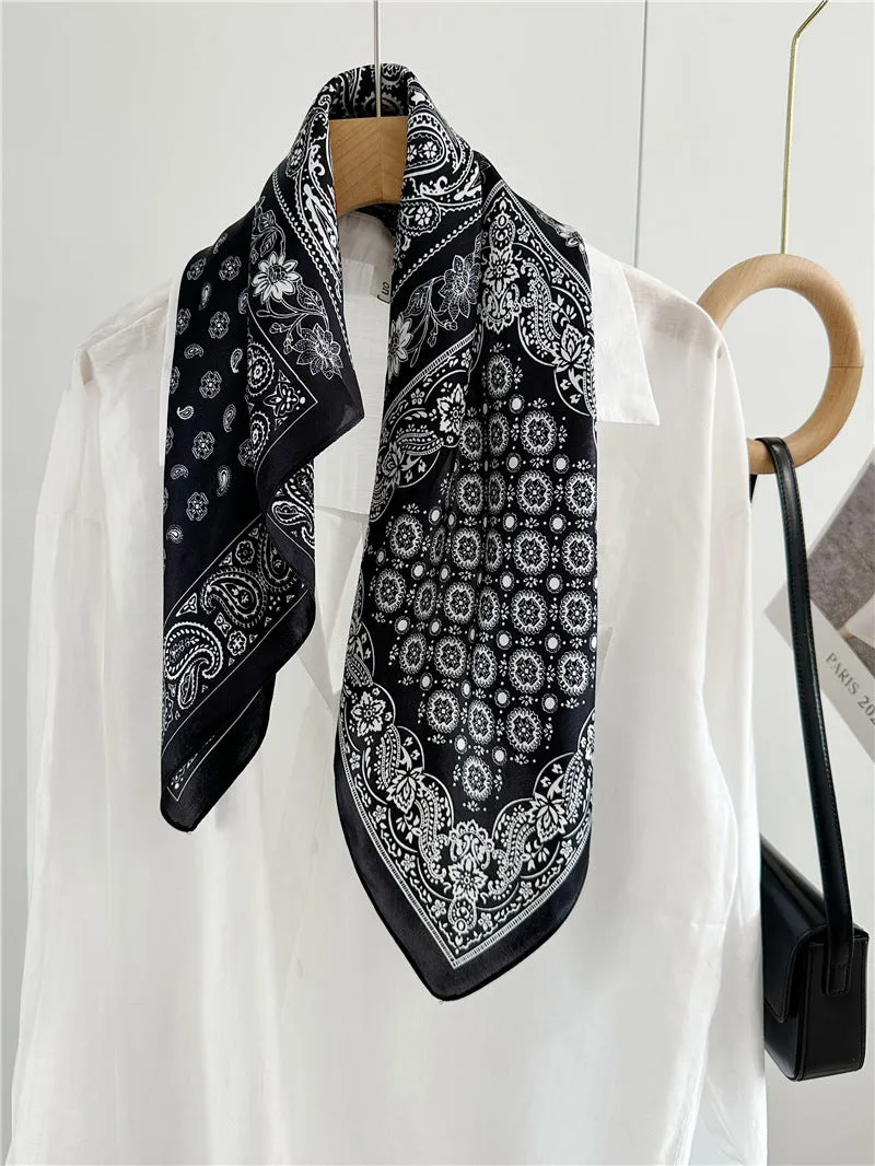 Vintage Black and White Paisley 100% Mulberry Silk Scarf - 65CM Square Shawl, Elegant Gift for Her