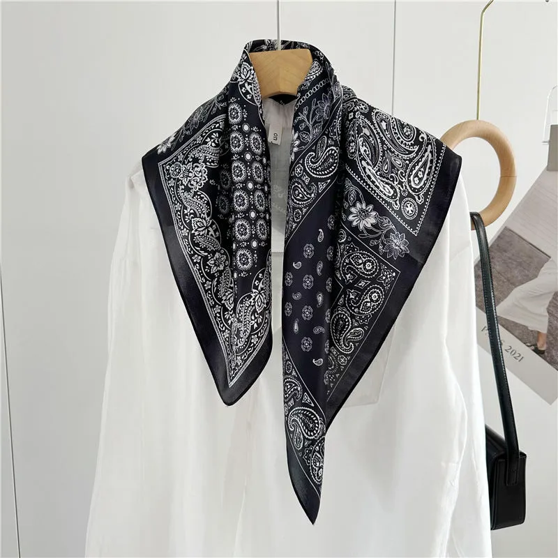 Vintage Black and White Paisley 100% Mulberry Silk Scarf - 65CM Square Shawl, Elegant Gift for Her