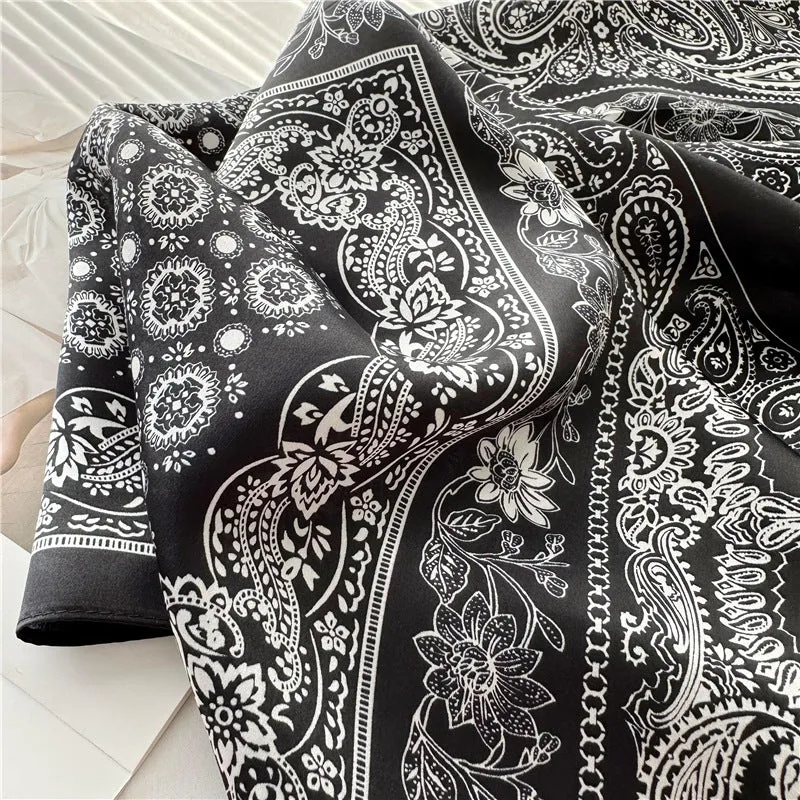 Vintage Black and White Paisley 100% Mulberry Silk Scarf - 65CM Square Shawl, Elegant Gift for Her