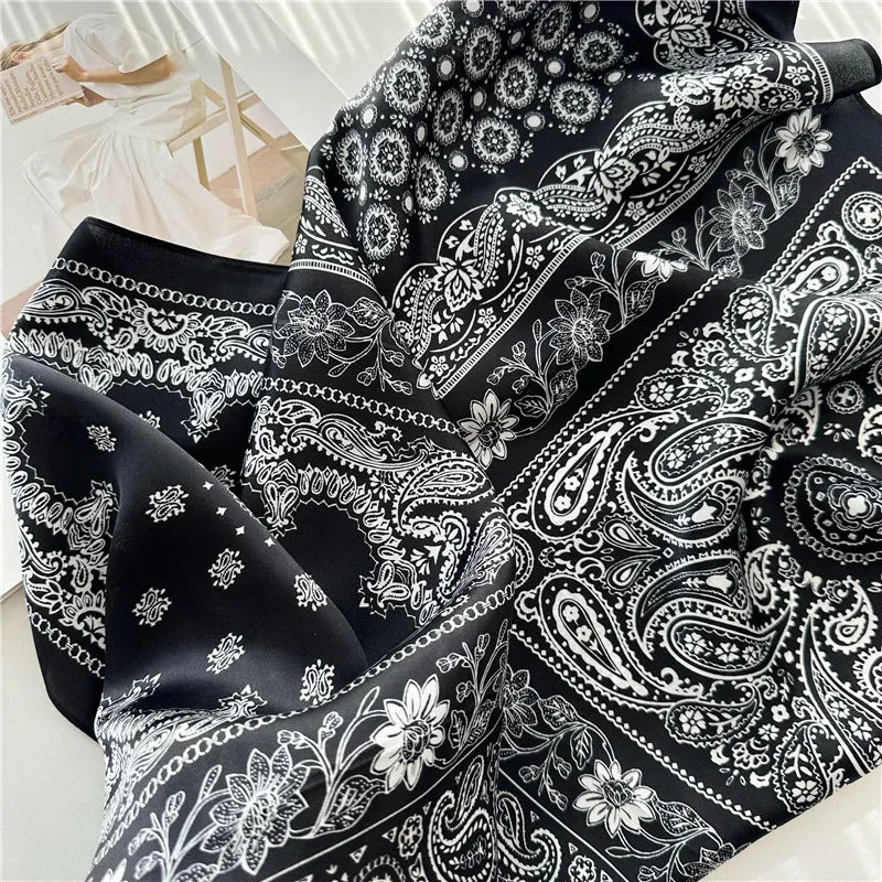 Vintage Black and White Paisley 100% Mulberry Silk Scarf - 65CM Square Shawl, Elegant Gift for Her