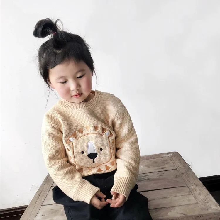 Winter Cute Sweater Bear Lion Embroidery Pattern Jumper Classic Crew Neck Knitwear