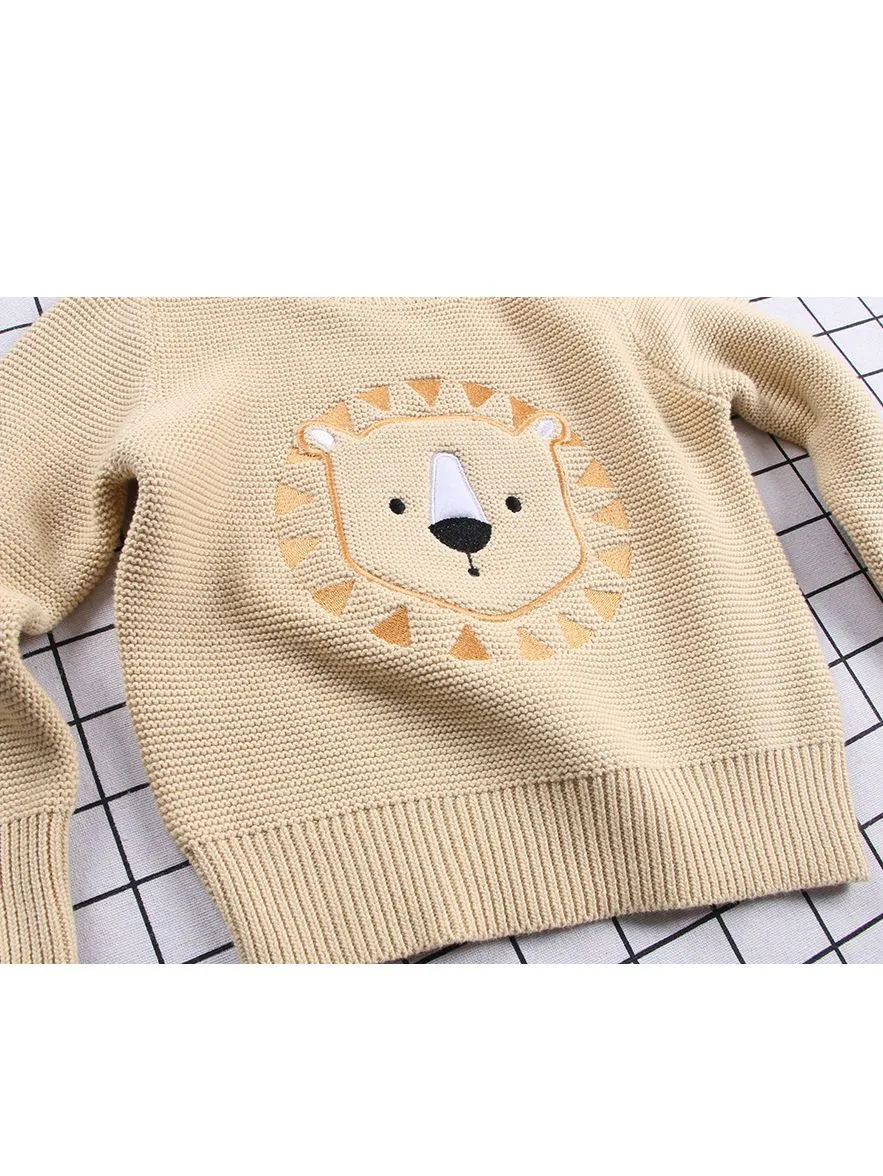 Winter Cute Sweater Bear Lion Embroidery Pattern Jumper Classic Crew Neck Knitwear