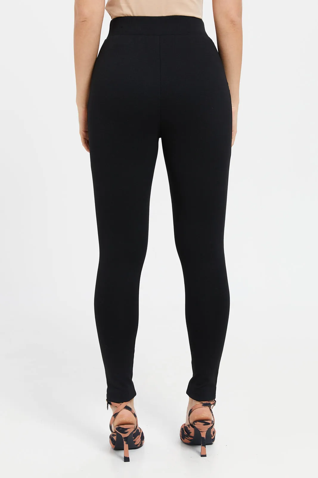 Women Black Double Button Leggings