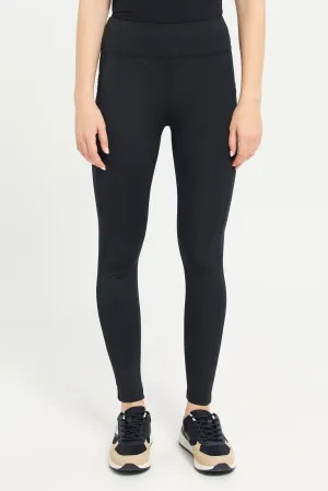 Women Black Performance Leggings With Mesh Detailing