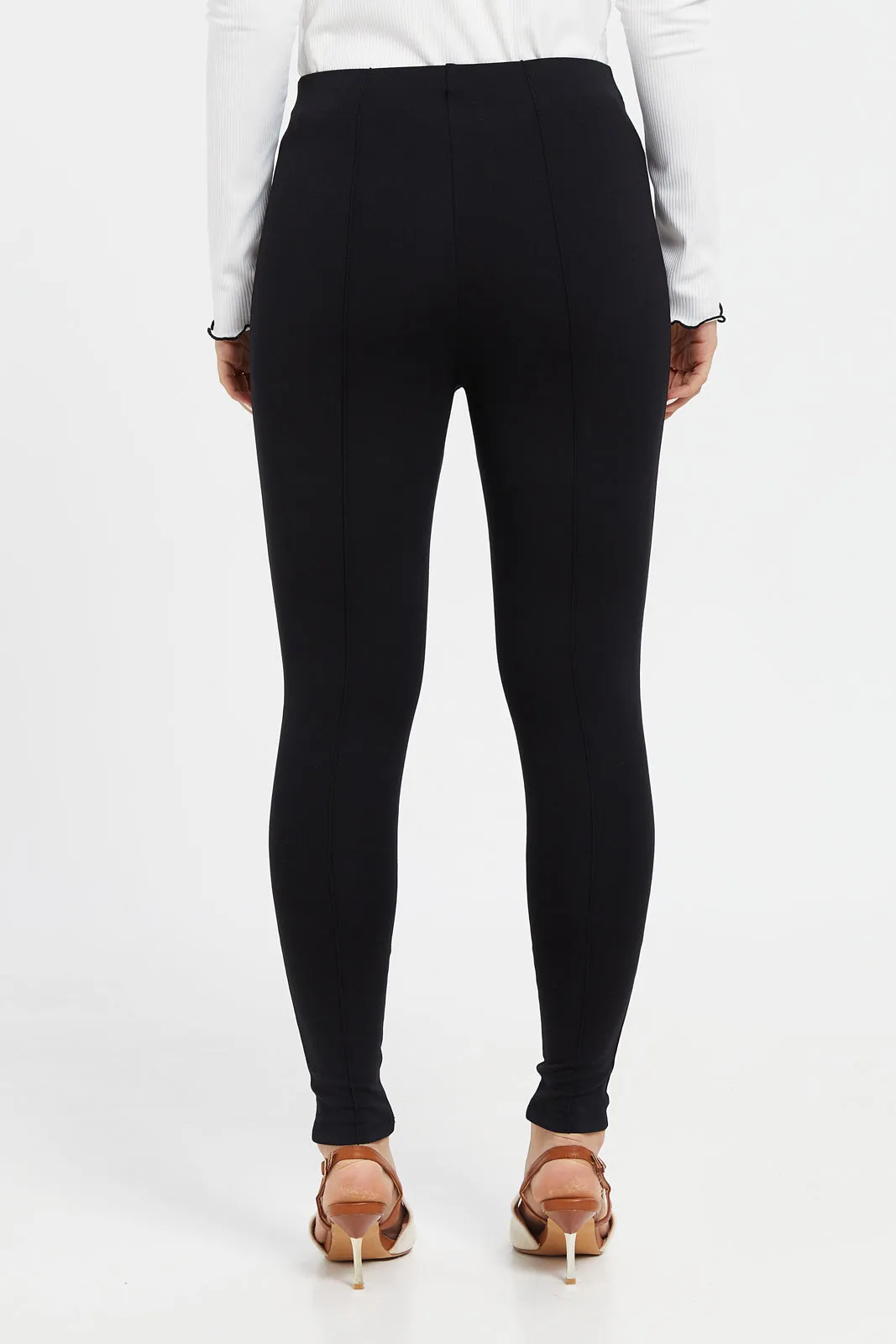 Women Black Single Pleat Leggings