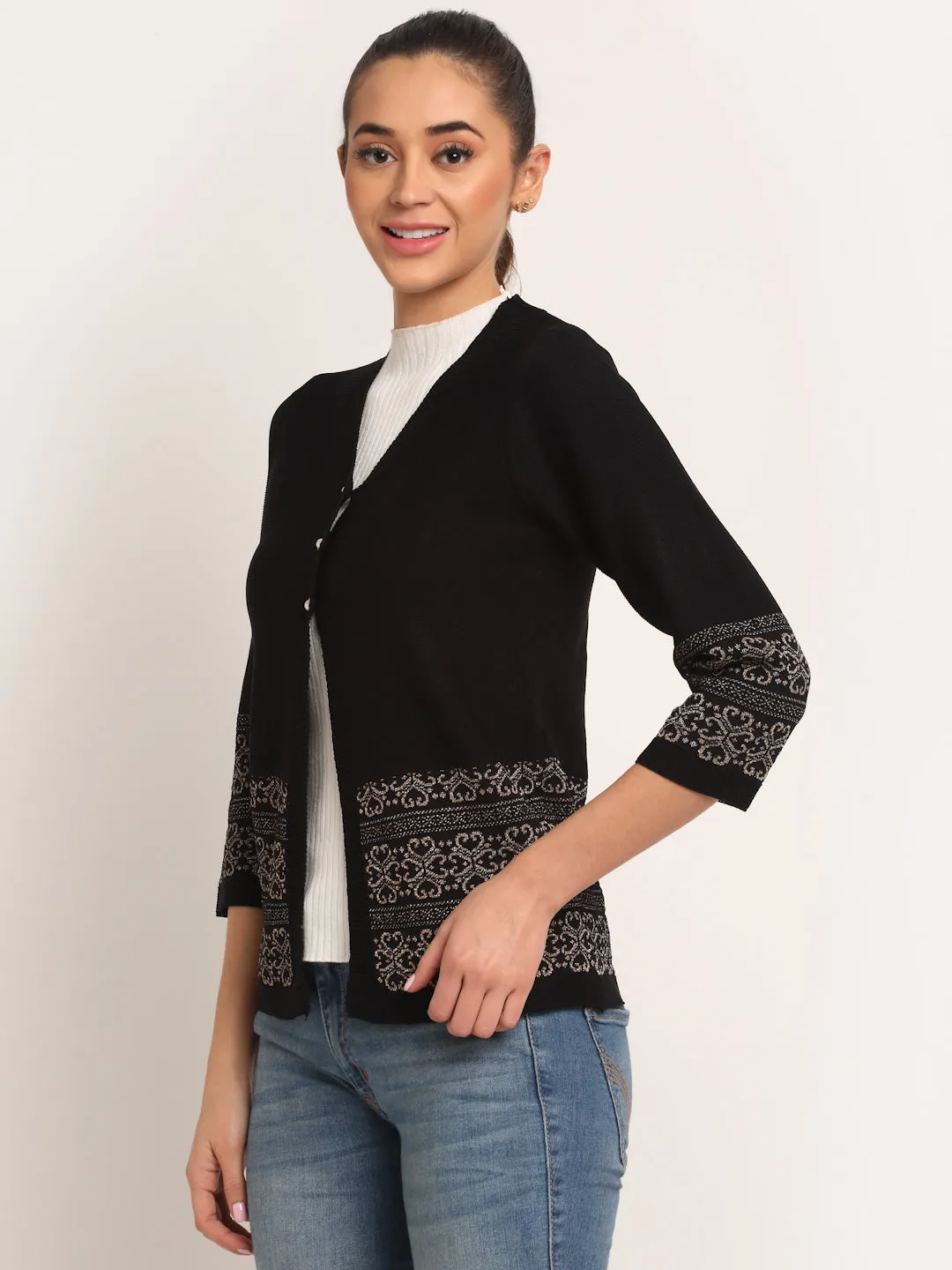 Women Black V-Neck Knitted Loose Fit Cardigan