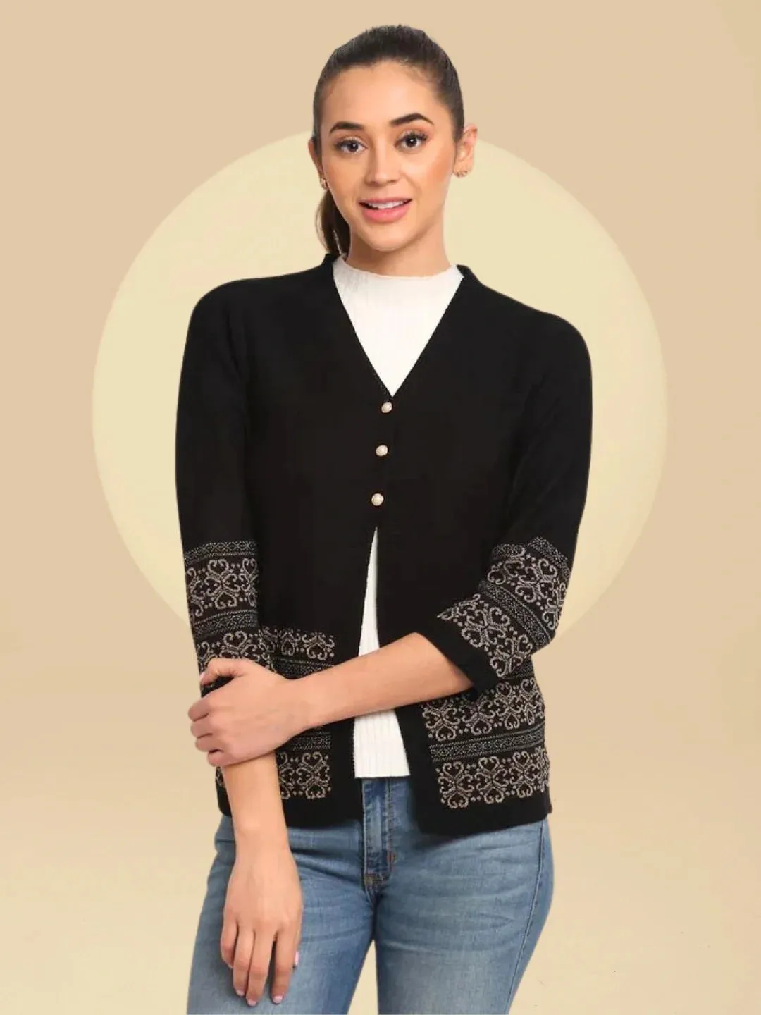 Women Black V-Neck Knitted Loose Fit Cardigan