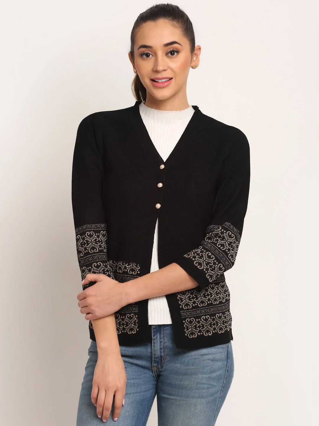 Women Black V-Neck Knitted Loose Fit Cardigan