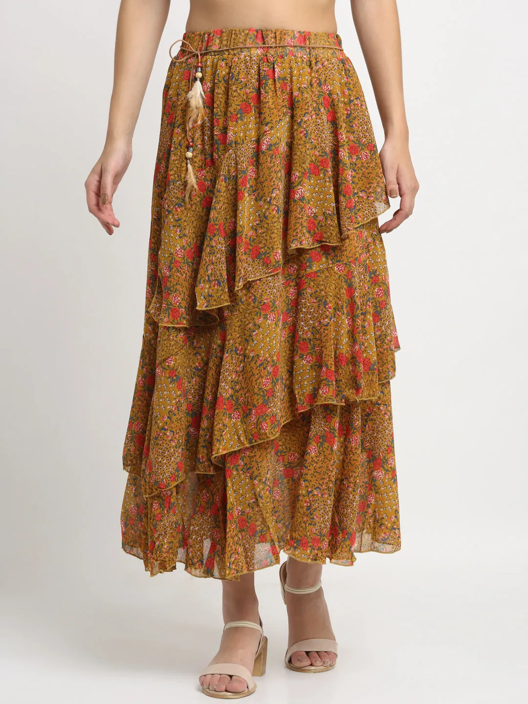 Women Brown Floral Printed Layered Maxi Skirt