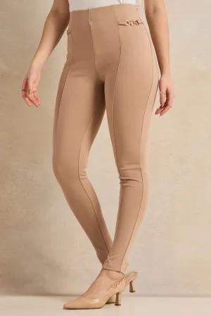 Women Cream Embellished Leggings