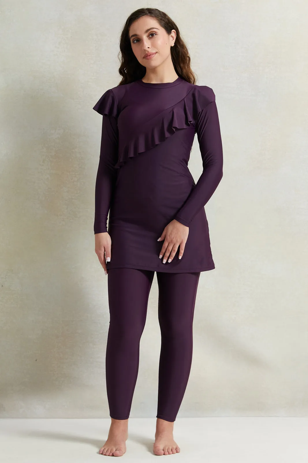 Women Purple Ruffle Detailed Burkini Set (2 Piece)