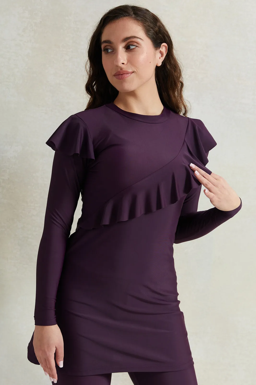 Women Purple Ruffle Detailed Burkini Set (2 Piece)