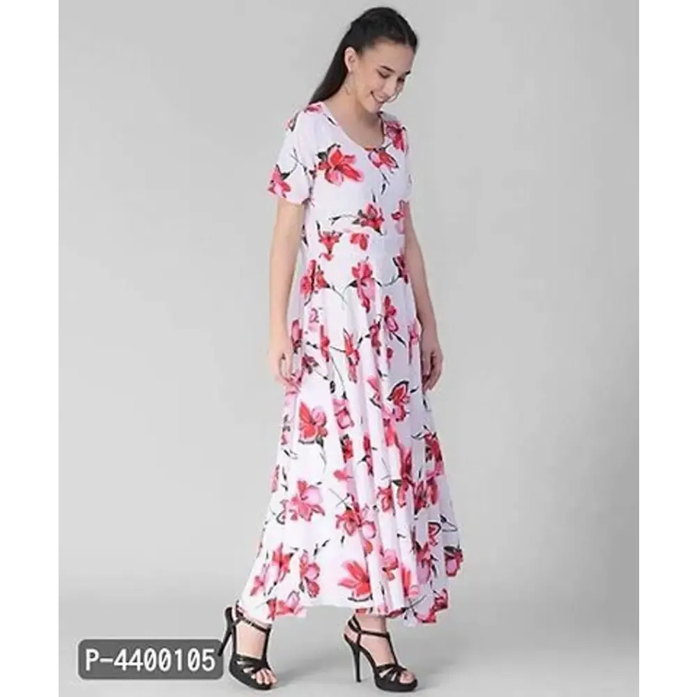 Women White Base Red Floral Printed Dress