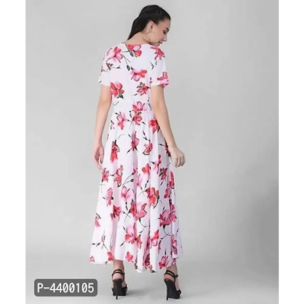 Women White Base Red Floral Printed Dress