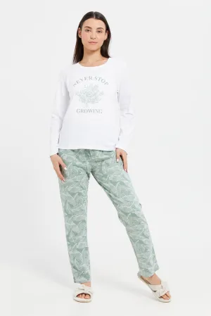 Women White Chest Print  Long Sleeve Pyjama Set (2 Piece)