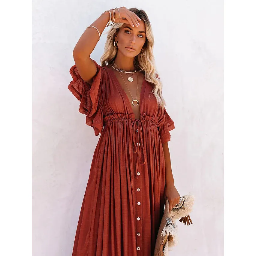 Women's Deep V Vacation Sexy Loose Dress