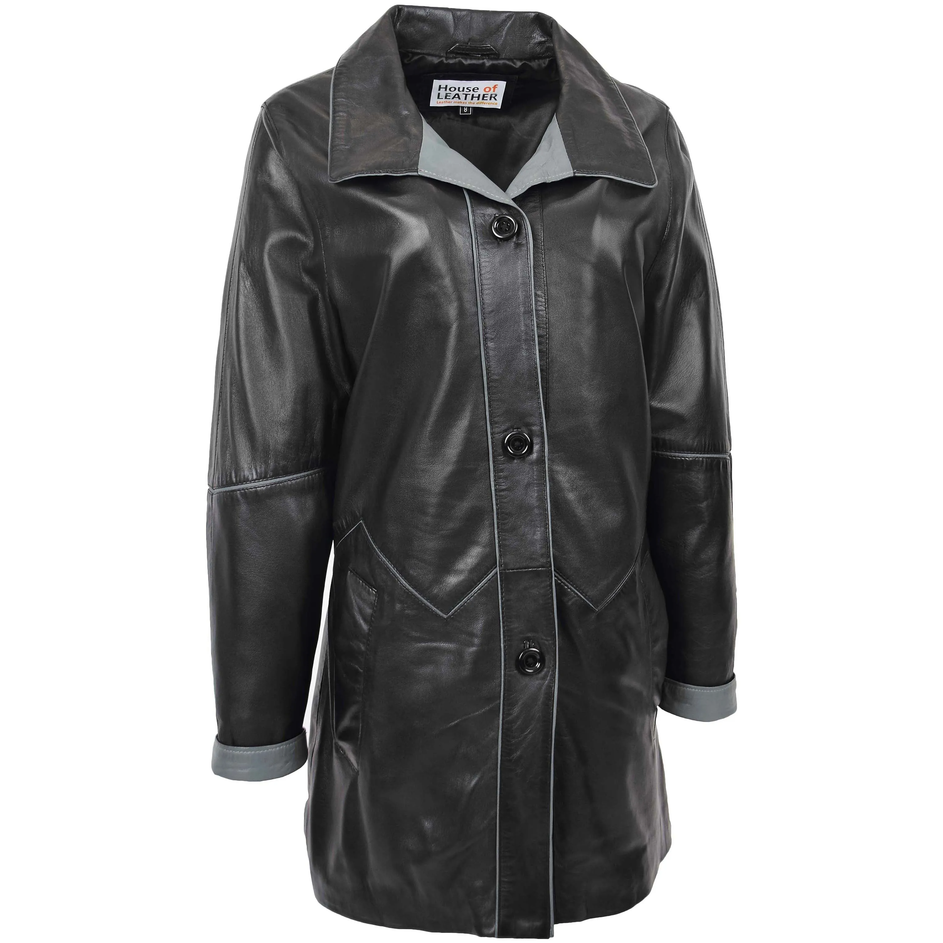 Womens Leather Coat 3/4 Length Classic Style Margaret Black Grey