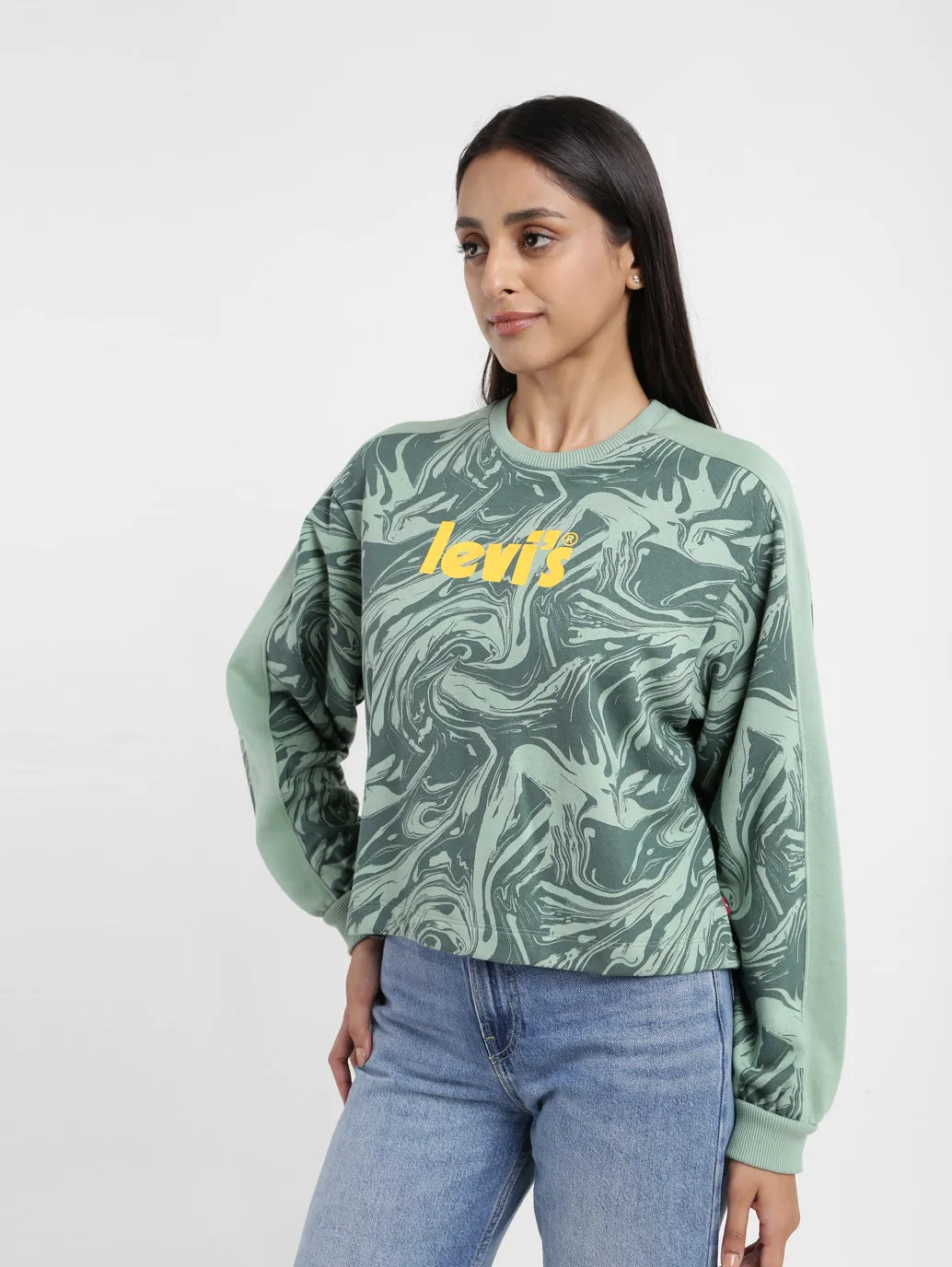 Women's Printed Green Crew Neck Sweatshirt