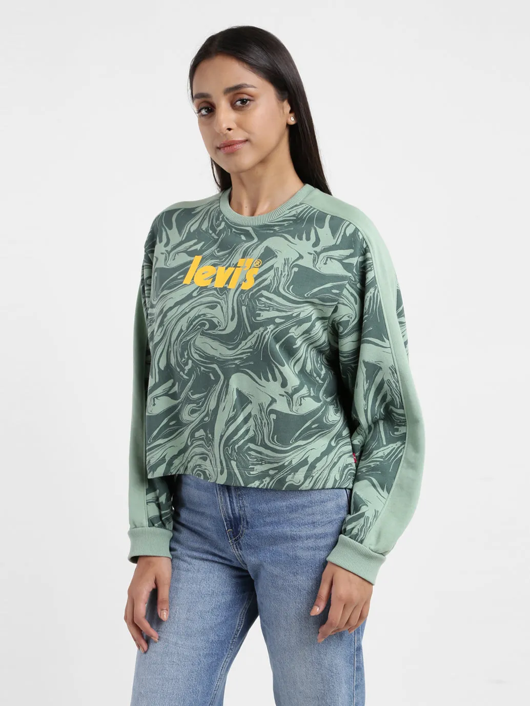 Women's Printed Green Crew Neck Sweatshirt