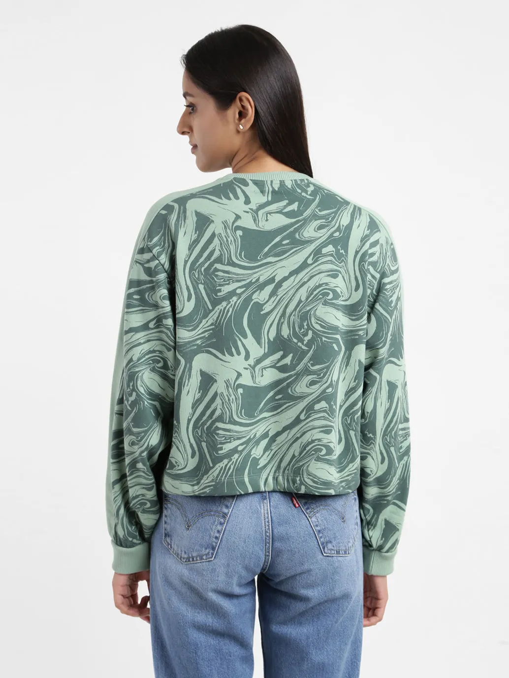 Women's Printed Green Crew Neck Sweatshirt