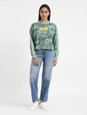 Women's Printed Green Crew Neck Sweatshirt