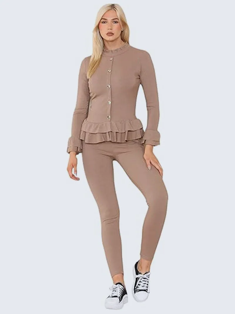 Women’s Ribbed Peplum Frill Gold Button Top and Legging Loungewear Suit