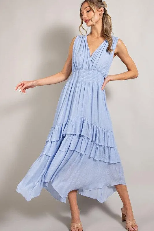 Womens Sage Dress Chambray V Neck Ruffle Maxi Dress