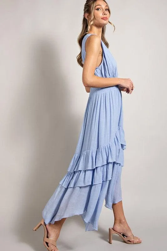 Womens Sage Dress Chambray V Neck Ruffle Maxi Dress