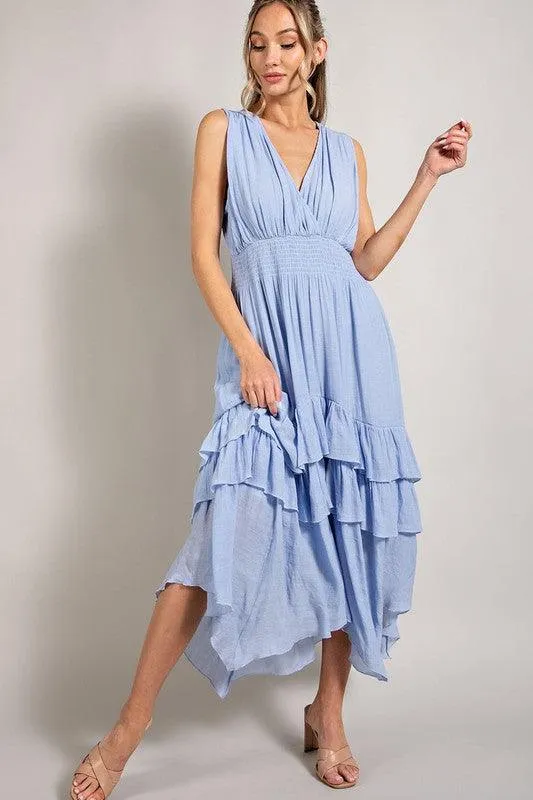 Womens Sage Dress Chambray V Neck Ruffle Maxi Dress