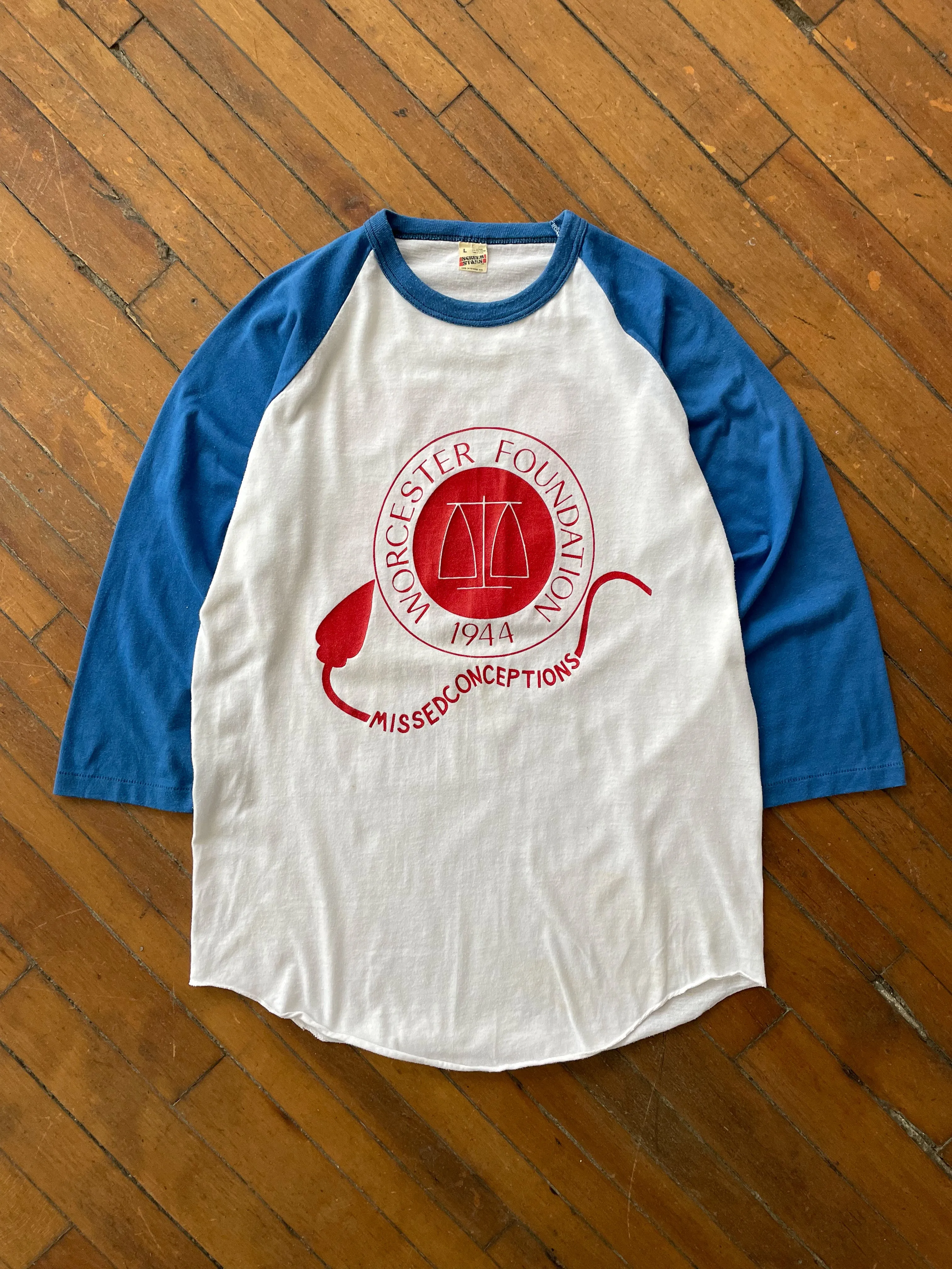 WORCESTER "MISSEDCONCEPTIONS" BASEBALL T-SHIRT—WHITE/BLUE [L]