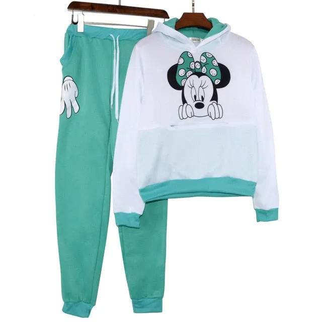 XUANSHOW Women Set Casual Sportswear Cute Ear Cartoon Mouse Printed With Hooded long-sleeved Suit Tenue Tracksuit  Femme